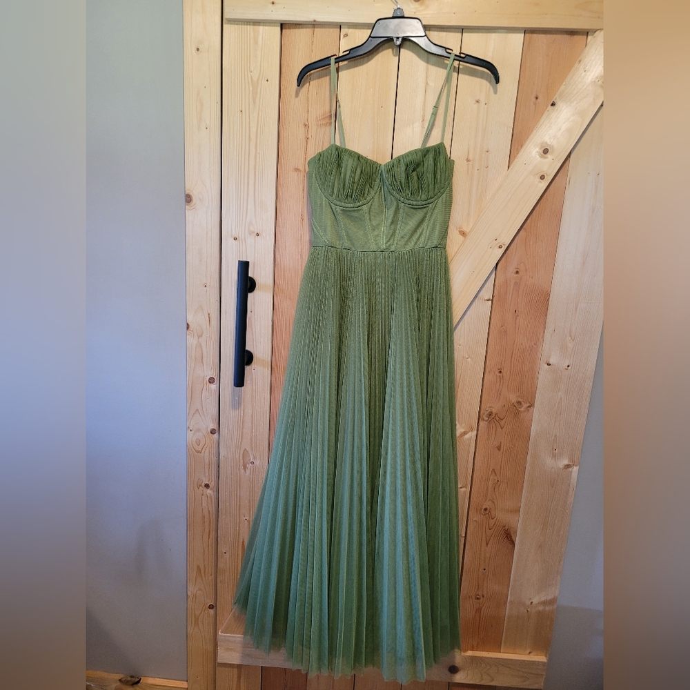 Hutch Strapless Olive Green Tulle Pleated Maxi Dress